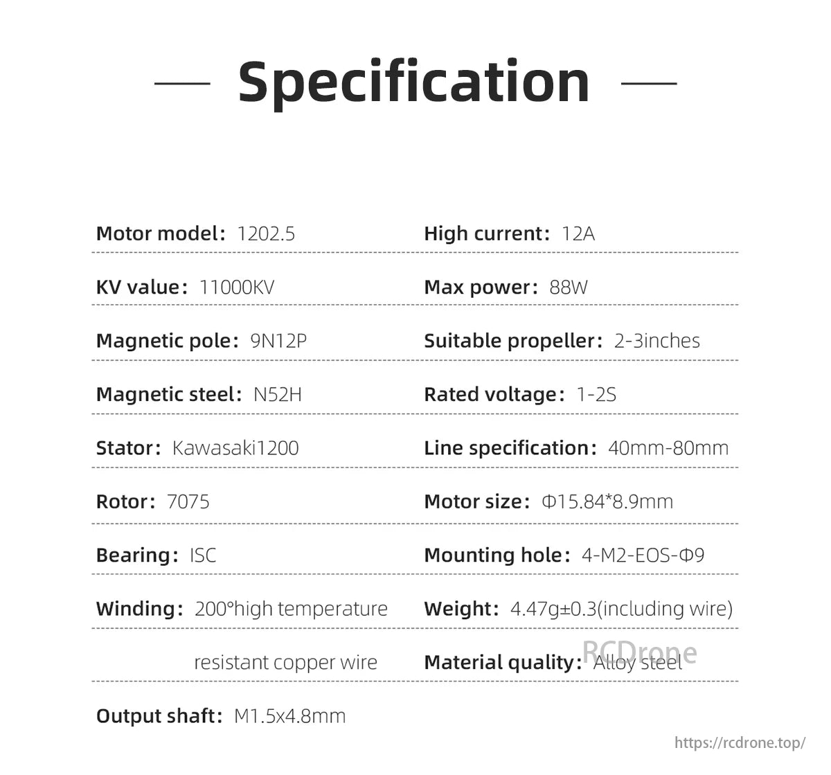 HGLRC Specter 1202.5 Brushless Motor, HGLRC Specter 1202.5 motor features 11000KV, 88W power, N52H magnets, 4.47g weight, M1.5x4.8mm shaft, alloy steel, and high-temperature copper wire for 2-3 inch props, 1-2S voltage.