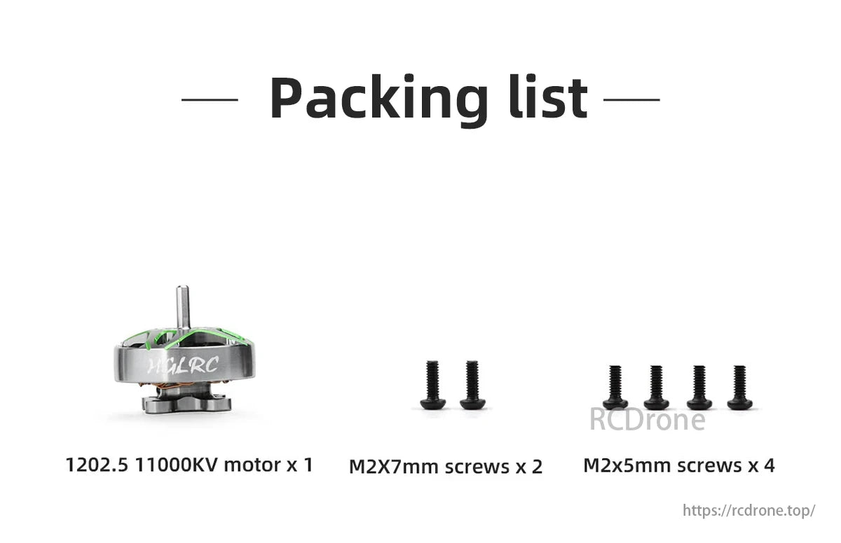 HGLRC Specter 1202.5 Brushless Motor, Packing list: 1202.5 11000KV motor, 2 M2x7mm screws, and 4 M2x5mm screws included.