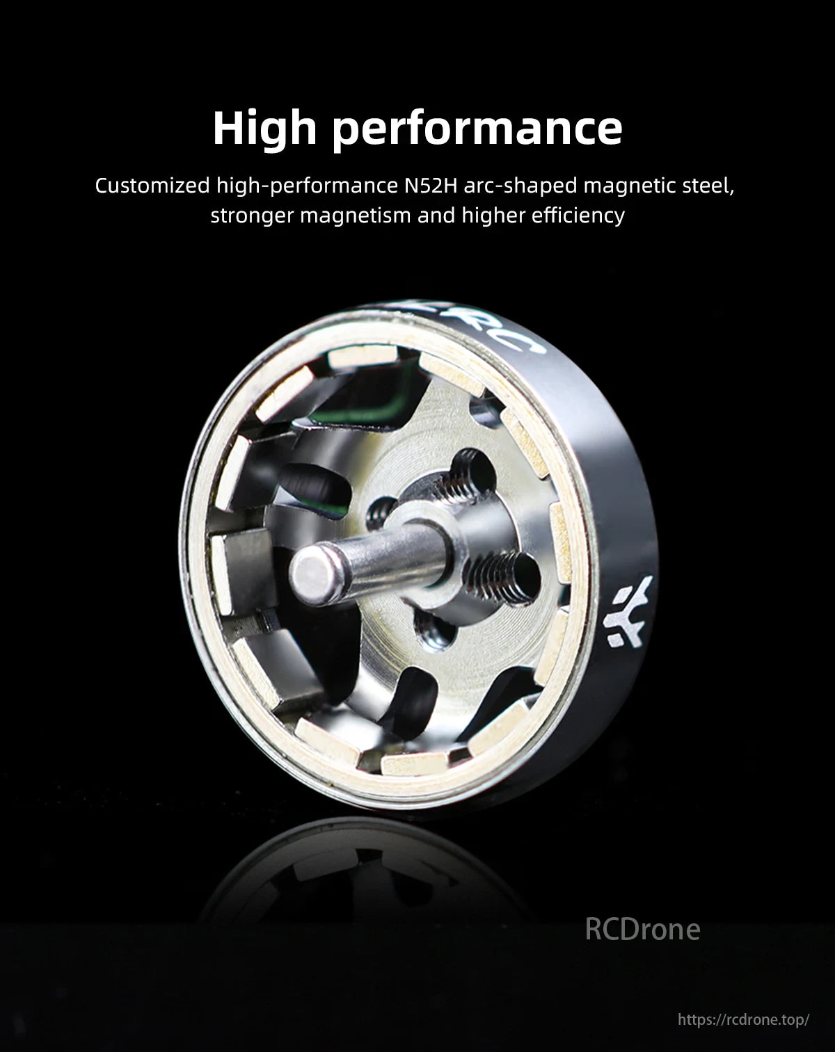 HGLRC Specter 1202.5 brushless motor features N52H arc-shaped magnetic steel for enhanced magnetism and efficiency.