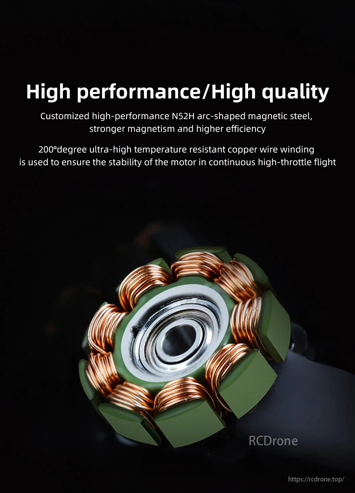 HGLRC Specter 1202.5 Brushless Motor features N52H magnets and 200°C copper wire for stable high-throttle flight performance.
