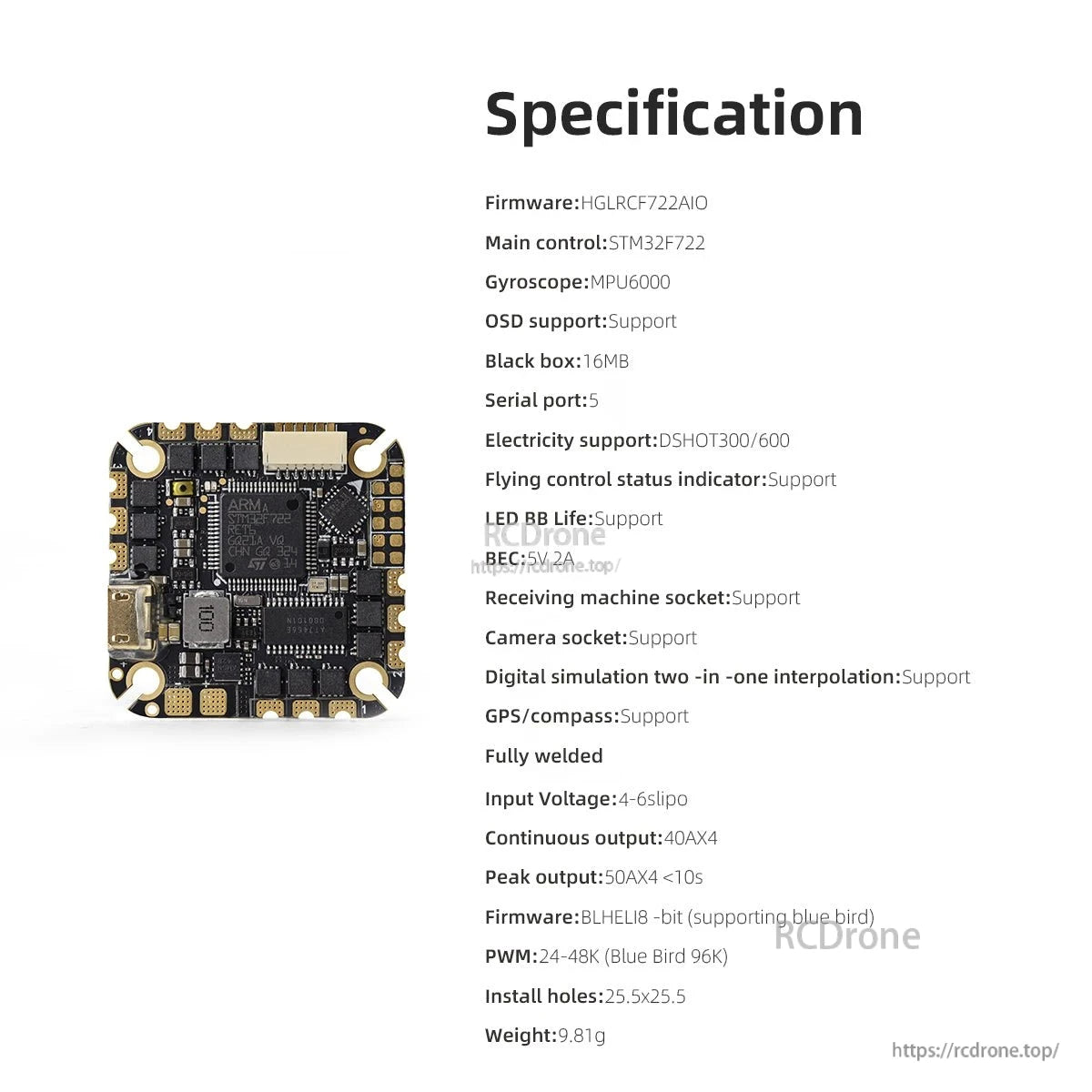 HGLRC Specter 40A AIO specification image showing STM32F722, MPU6000 gyro, 25.5x25.5 mount and 4–6S input