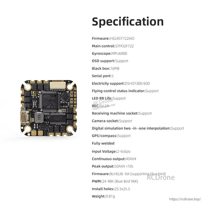 Specification chart for HGLRC F722 AIO board listing MPU6000 gyro, 16MB blackbox and 2–6S LiPo input