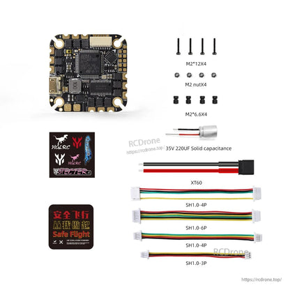 Package contents for HGLRC Specter AIO: mounting screws, XT60 pigtail, capacitor, SH1.0 cables and stickers