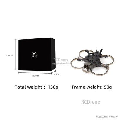 Box size and weight graphic showing package dimensions, total weight 150g and frame weight 50g