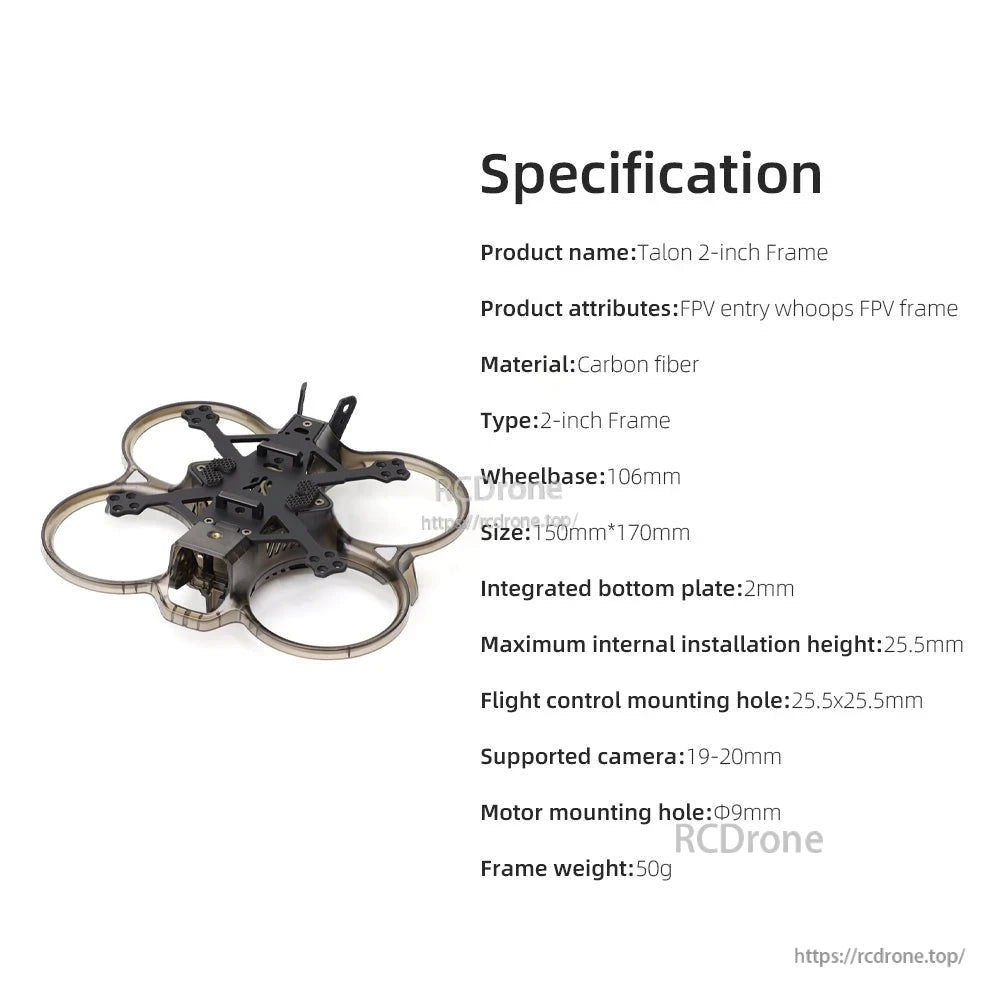 Specification sheet for Talon 2-inch frame showing 106mm wheelbase, 25.5mm height, and mounting holes