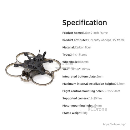 Specification sheet for Talon 2-inch frame showing 106mm wheelbase, 25.5mm height, and mounting holes