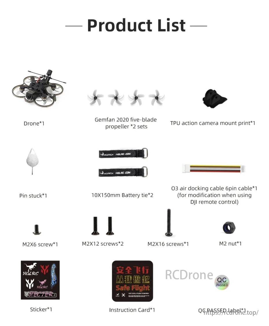 HGLRC Talon HD/Analog 2-Inch 2S Cinewhoop FPV, The product list includes a drone, propellers, camera mount, accessories, screws, nut, sticker, instruction card, and QC passed label.