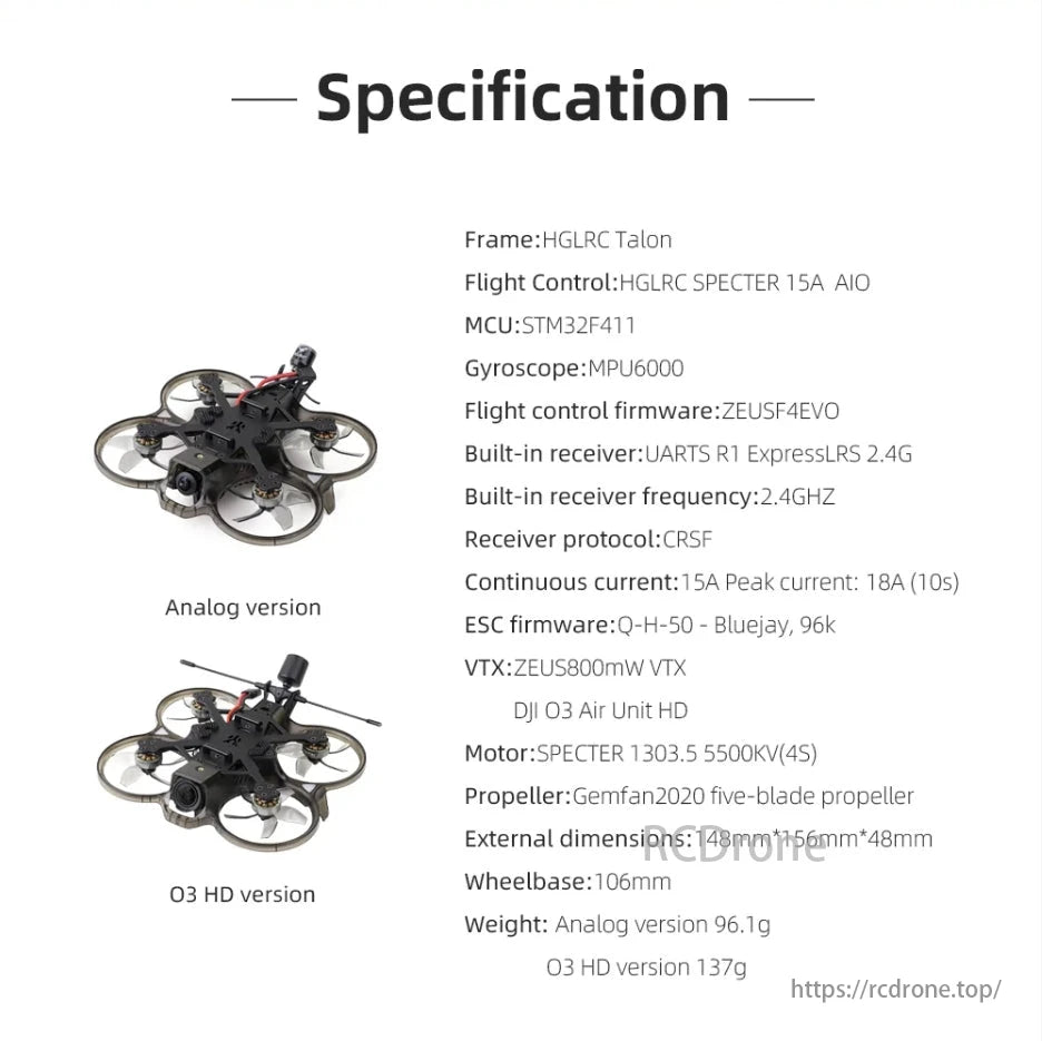 HGLRC Talon HD/Analog 2-Inch 2S Cinewhoop FPV, HGLRC Talon FPV drone features SPECTER 15A AIO flight control, STM32F411 MCU, MPU6000 gyroscope, ZEUSF4EVO firmware. Analog: 96.1g, O3 HD: 137g.