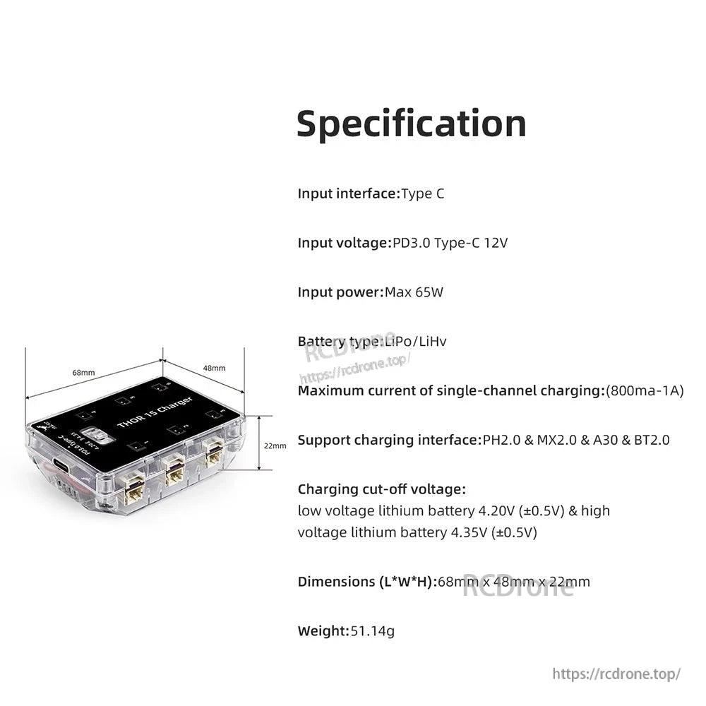 Specification chart for Thor 1S Charger V2 with Type-C input, power, battery type, and dimensions