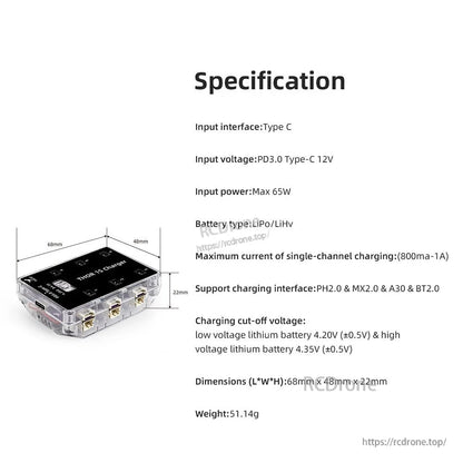 Specification chart for Thor 1S Charger V2 with Type-C input, power, battery type, and dimensions