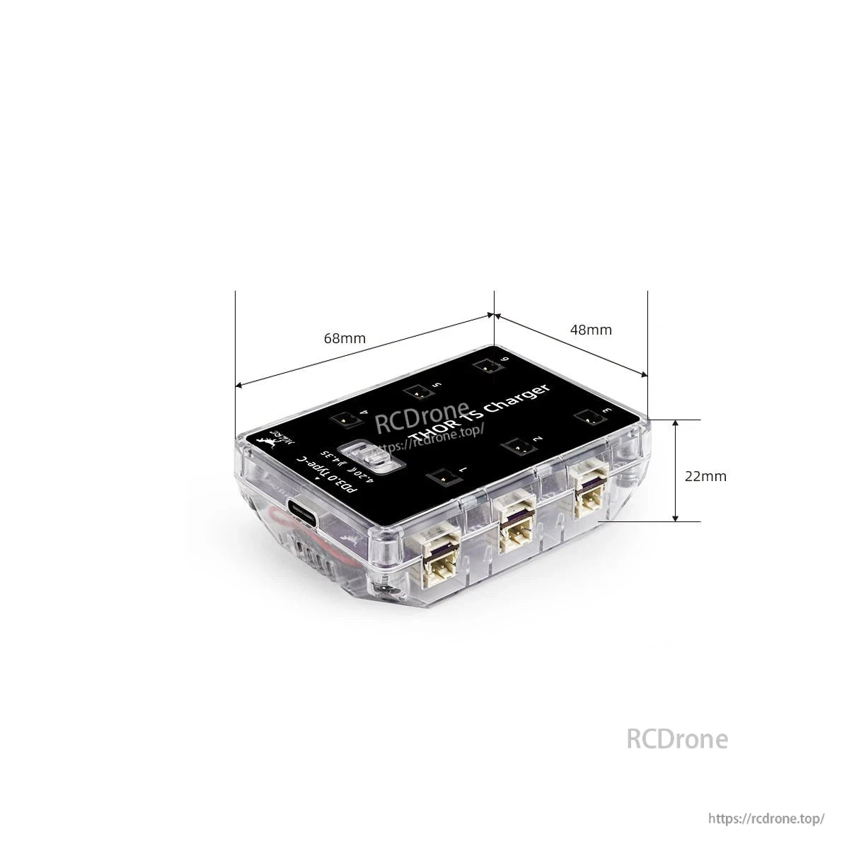 Charger dimensions diagram showing 68 mm x 48 mm x 22 mm on the device