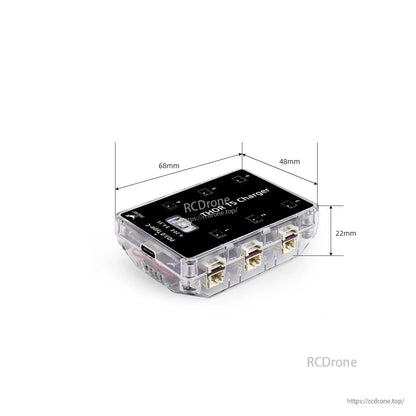 Charger dimensions diagram showing 68 mm x 48 mm x 22 mm on the device