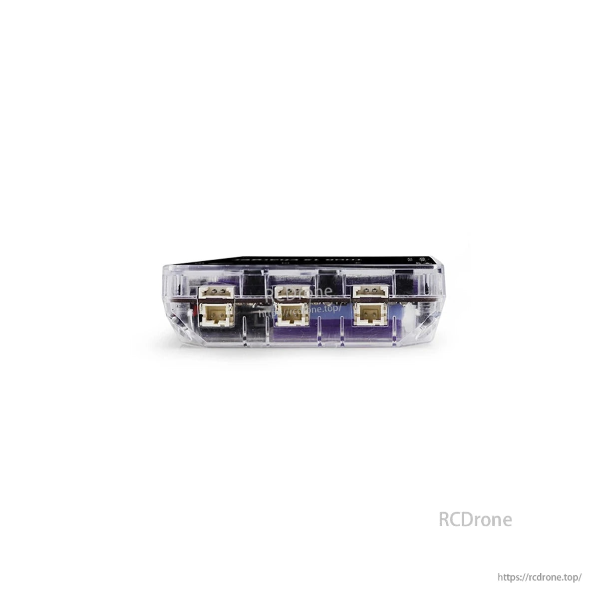 Side view of charger showing multiple 1S battery connector ports in transparent case