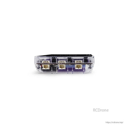 Side view of charger showing multiple 1S battery connector ports in transparent case