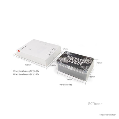Packaging and storage case size diagram showing dimensions and listed weights