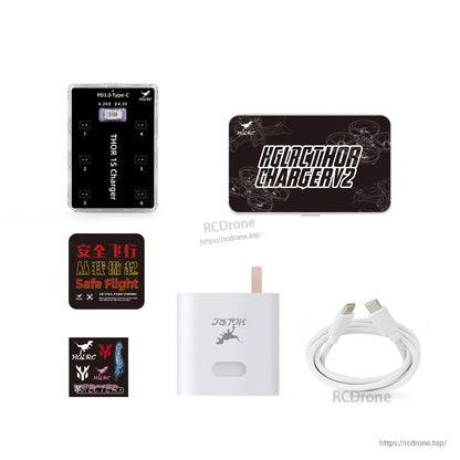 HGLRC Thor 1S Charger kit contents: charger, metal tin, power adapter, USB-C cable, stickers