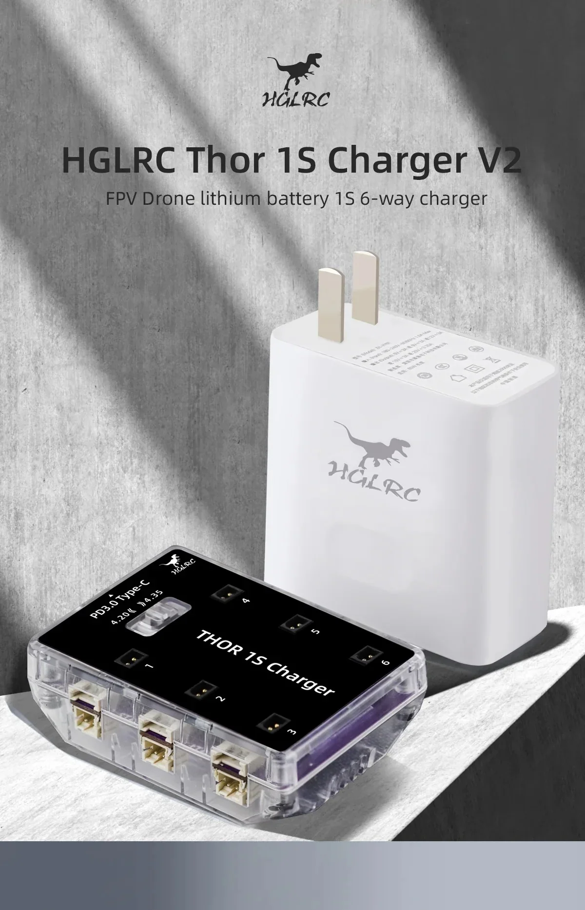 HGLRC Thor 1S Charger V2 six-channel 1S LiPo/LiHV charging board with USB-C PD power adapter