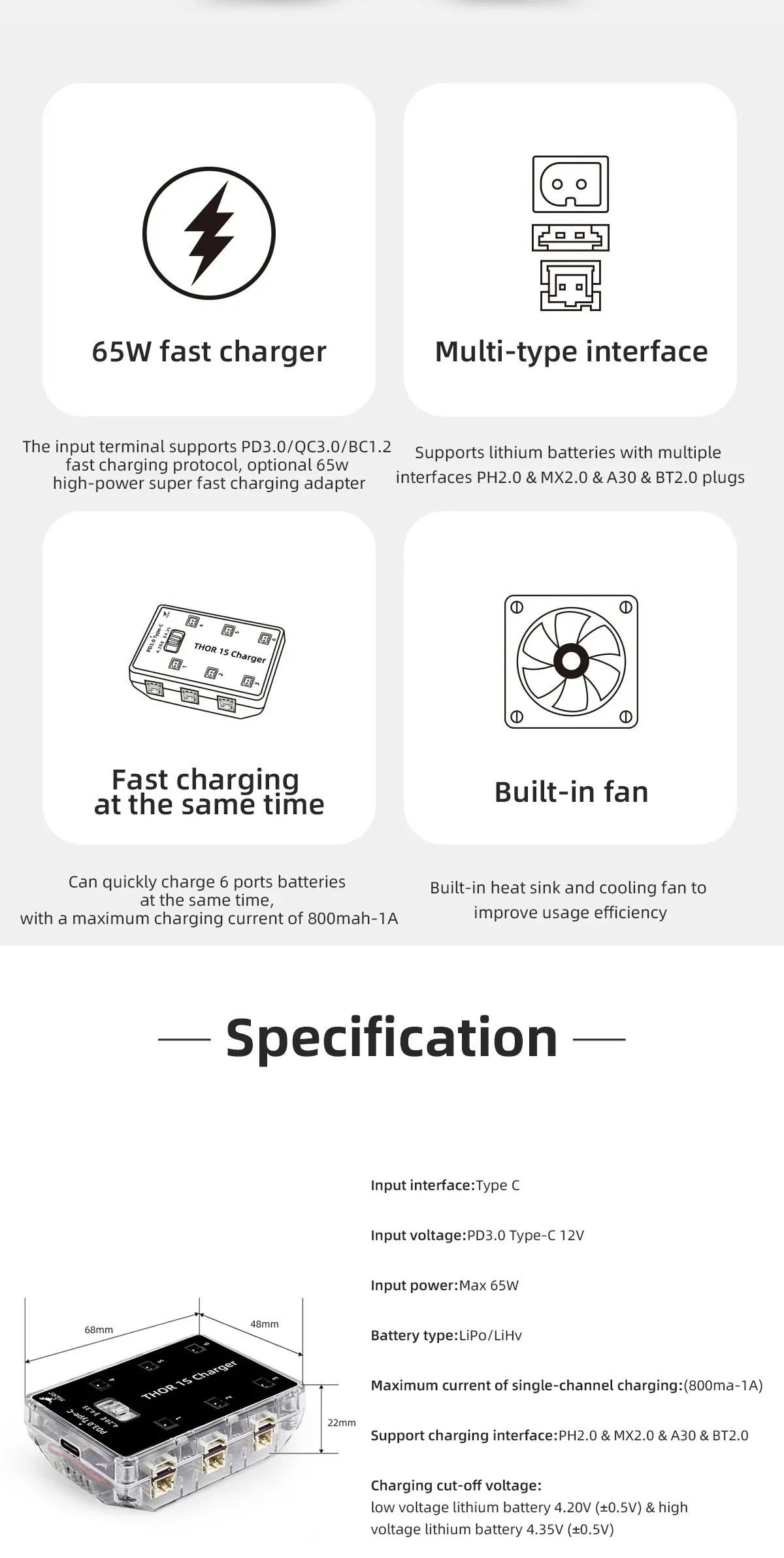 Feature and specification graphic for the 1S six-way charger: 65W USB-C fast charge, multi-connector ports, built-in fan