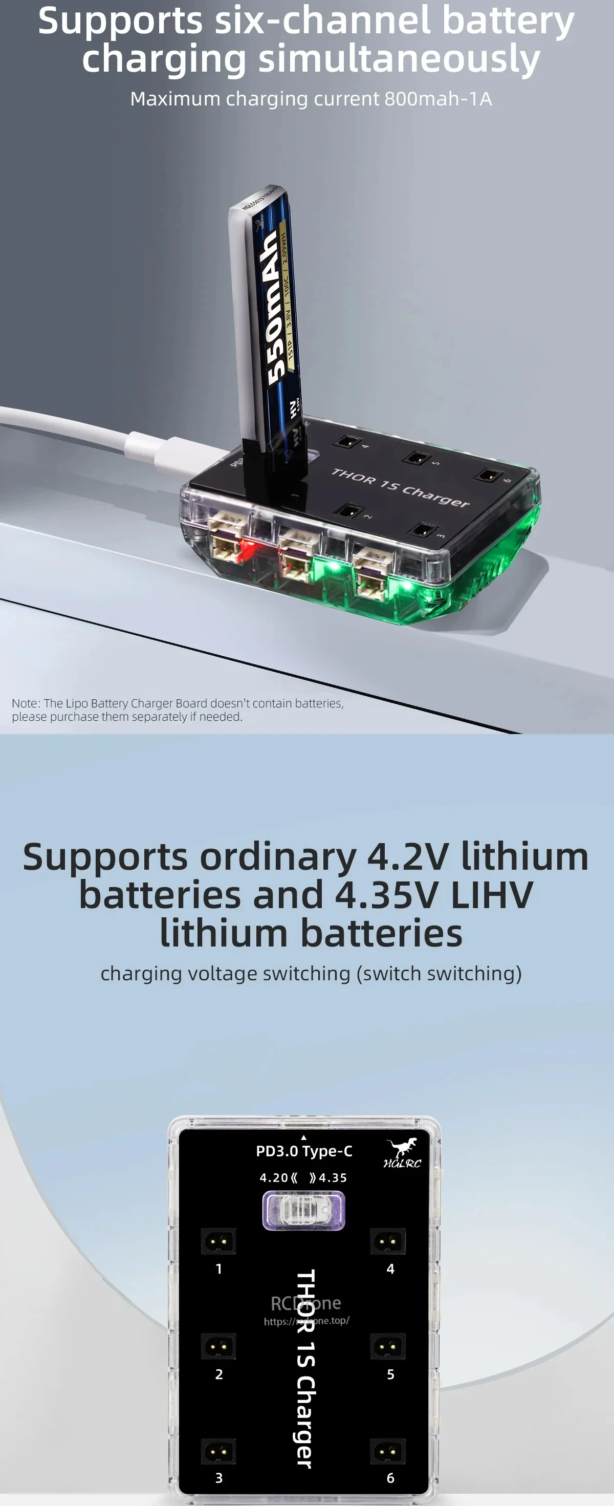 HGLRC Thor 1S Charger V2 charging a 1S battery; six-channel board with 4.2V/4.35V LiPo/LiHV switch