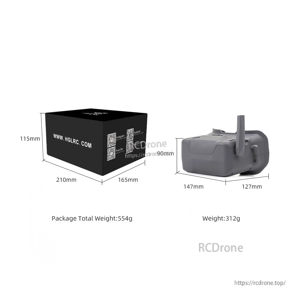 Box and goggle dimension diagram showing package size, goggle dimensions and listed weights
