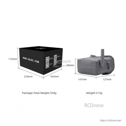 Box and goggle dimension diagram showing package size, goggle dimensions and listed weights