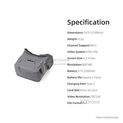 HGLRC VR001 FPV goggle specification chart showing dimensions, weight, screen size and ports