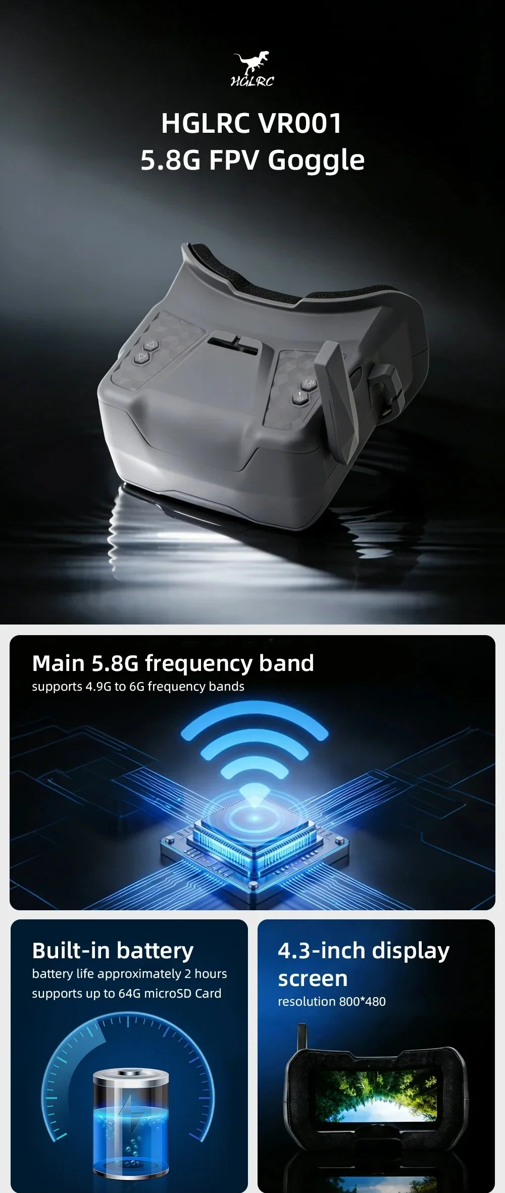 HGLRC VR001 5.8G FPV goggle with 4.3-inch screen, built-in battery, and wide frequency band support