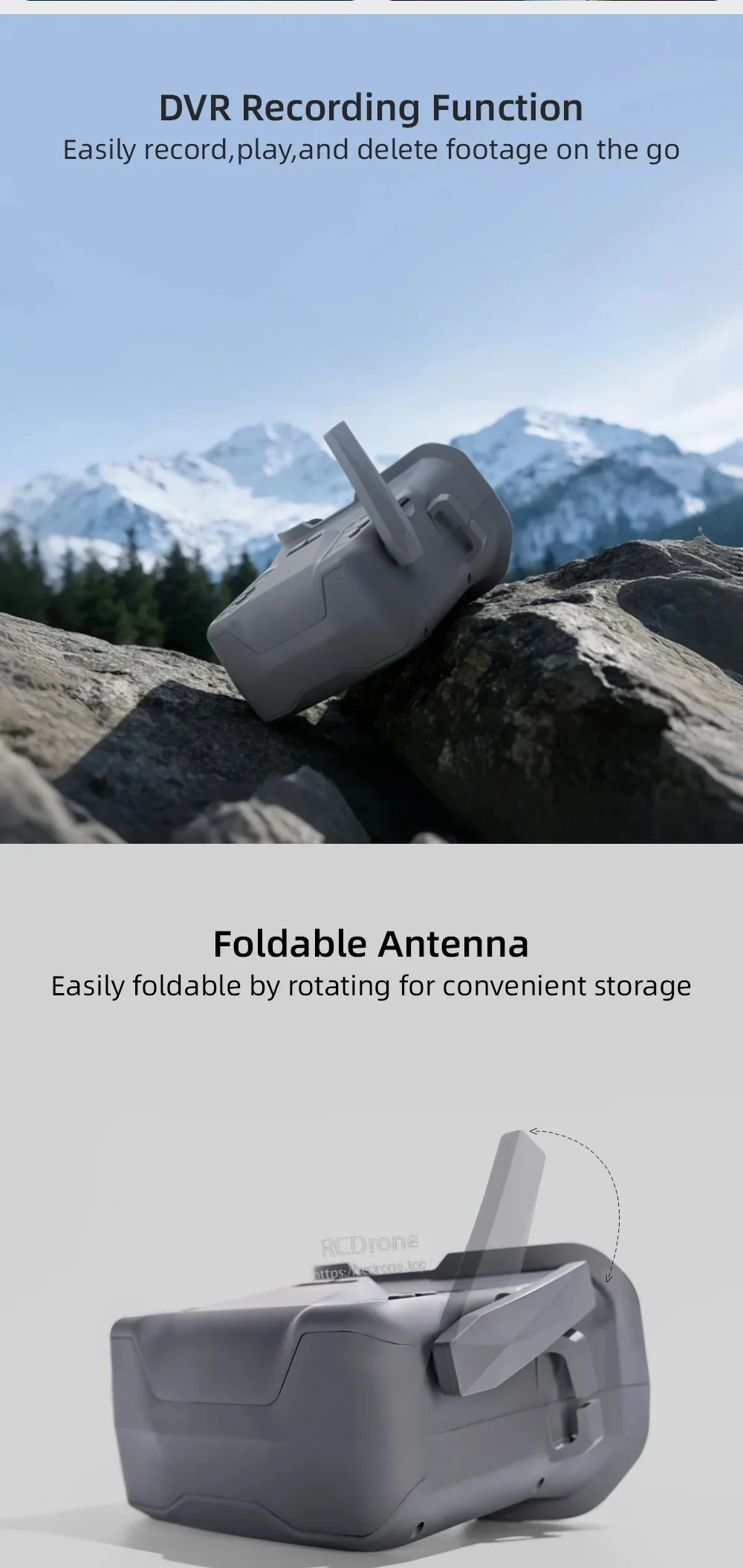 DVR recording and foldable rotatable antenna on the VR001 FPV goggle for easy storage and travel