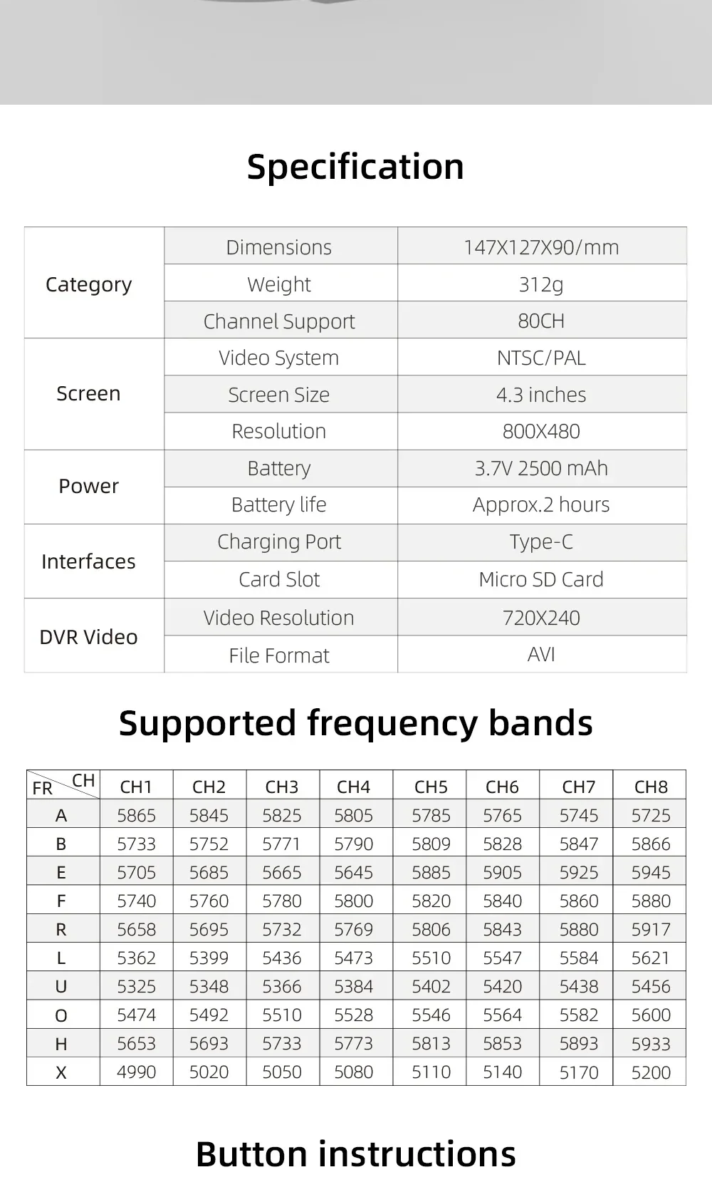 VR001 specification table listing 80CH support, NTSC/PAL video, Type‑C charging, microSD slot, and DVR format details