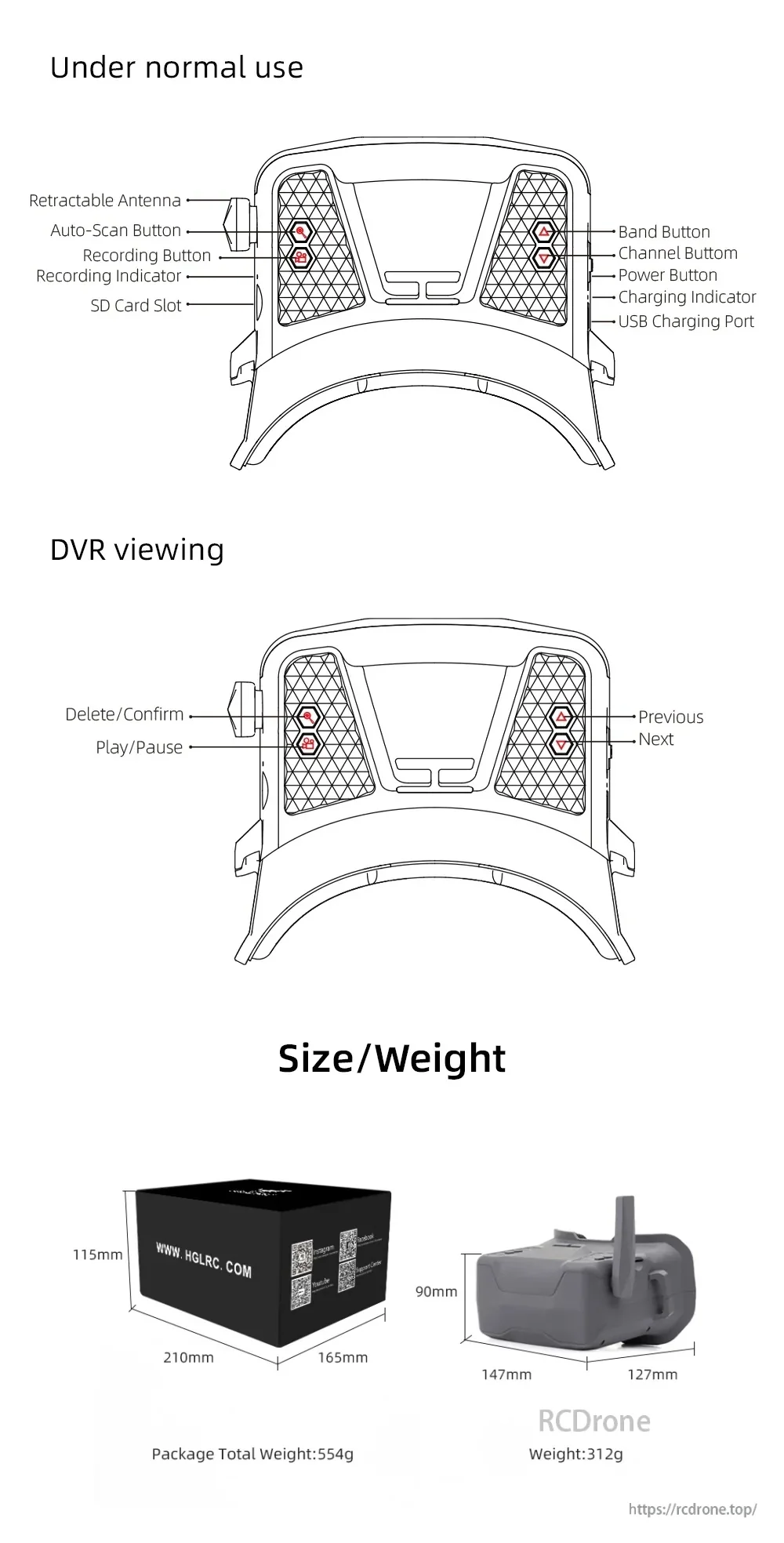 Button layout and ports for normal use and DVR playback, plus size and weight information for the VR001 goggles