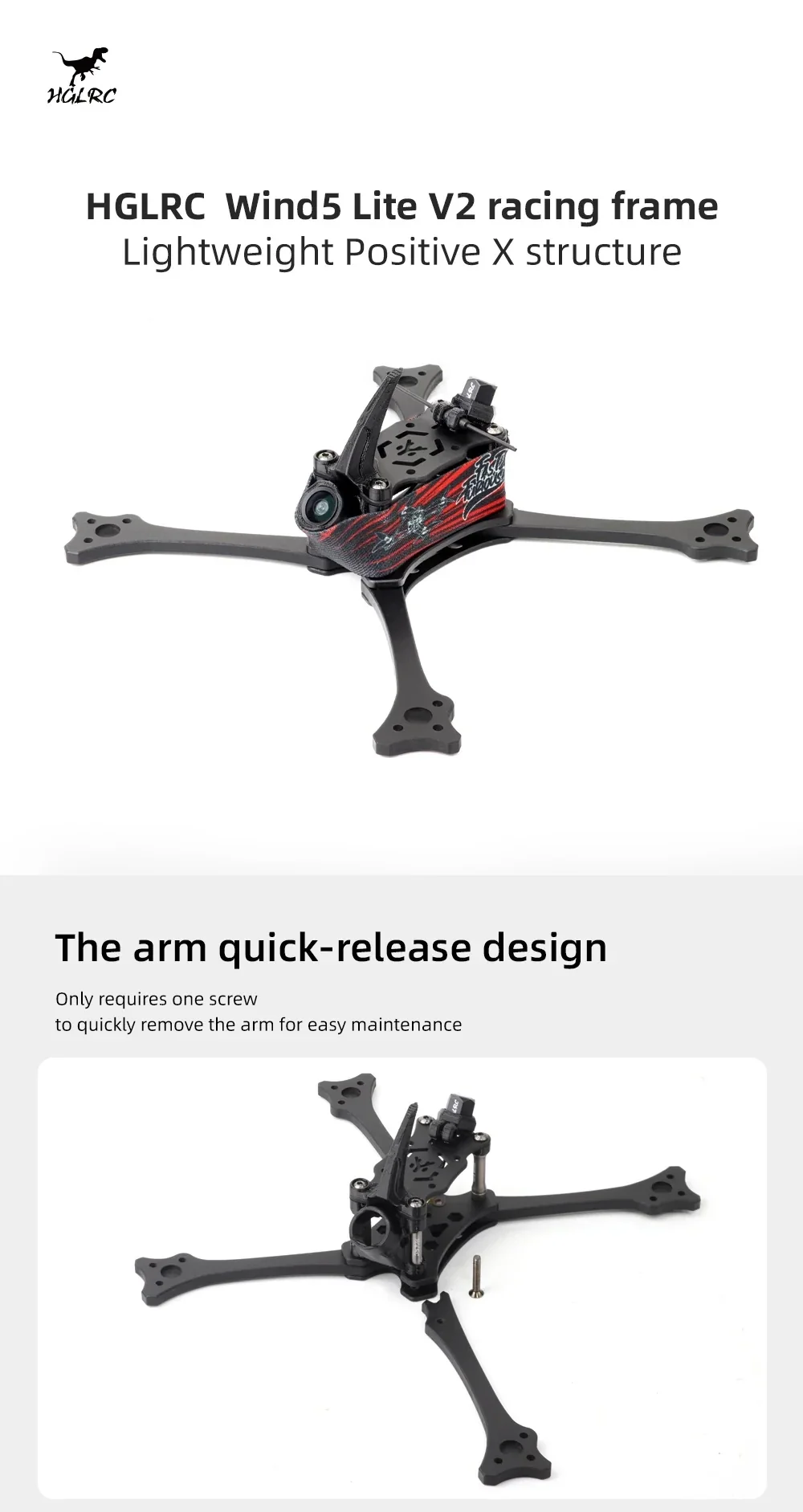 HGLRC Wind5 Lite V2 racing drone frame kit with Positive X layout and one-screw quick-release arm design