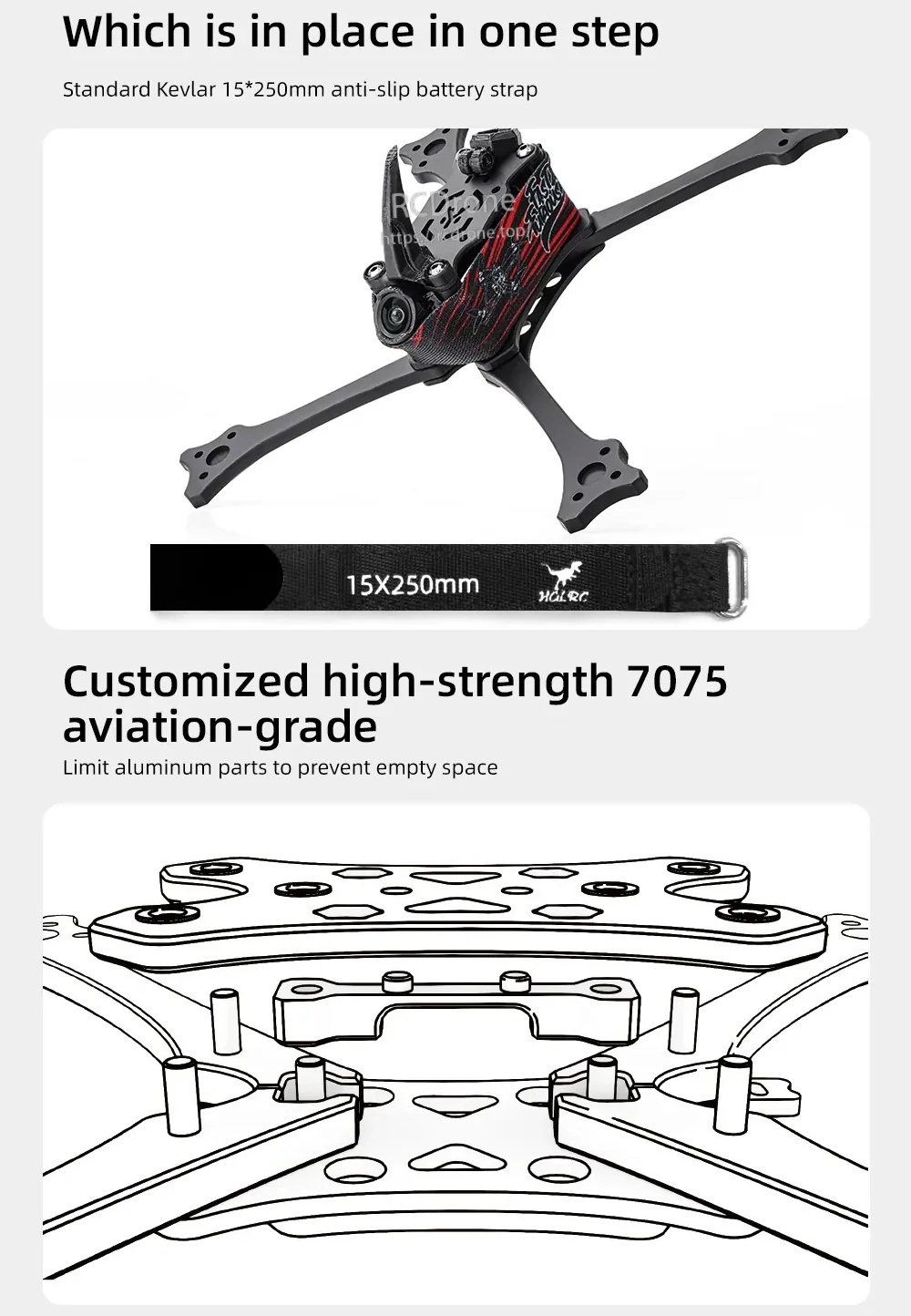 Wind5 Lite V2 frame with Kevlar 15×250mm anti-slip battery strap and 7075 aluminum arm limiter layout