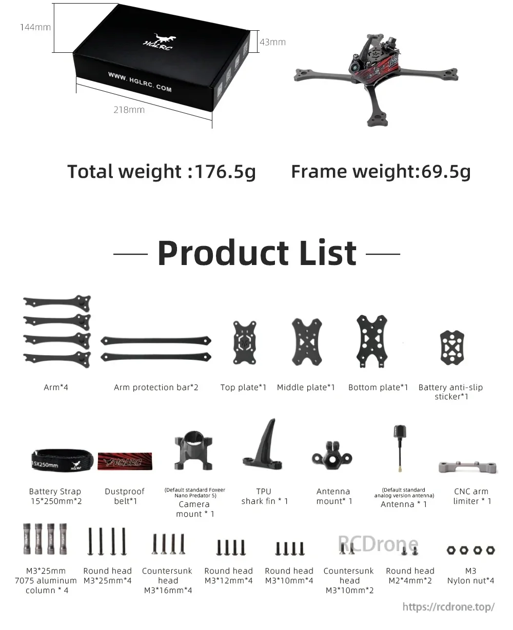 Package contents list and weights for HGLRC Wind5 Lite V2 frame kit, including arms, plates, mounts, antenna, and hardware