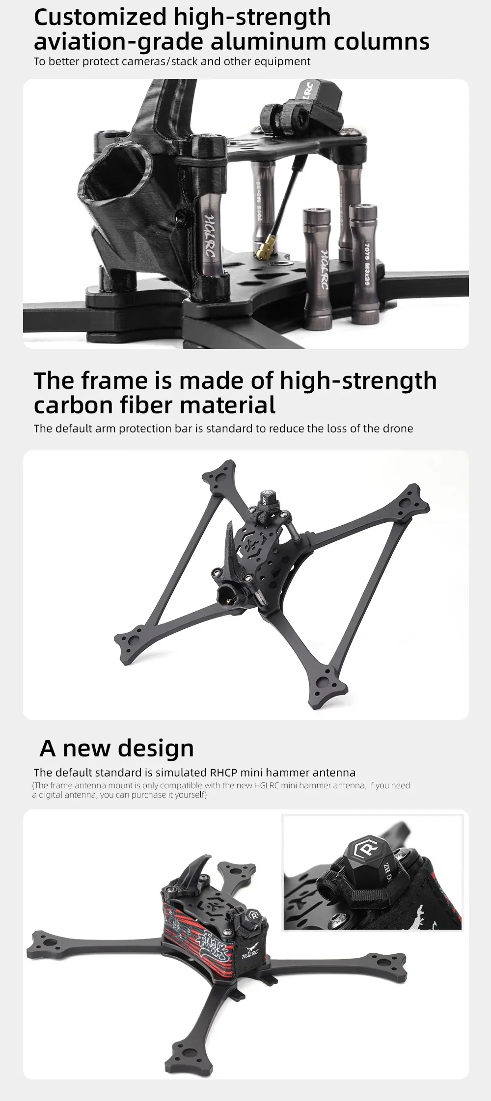 Close-up of HGLRC Wind5 Lite V2 carbon fiber frame with 7075 aluminum standoffs and camera/stack protection