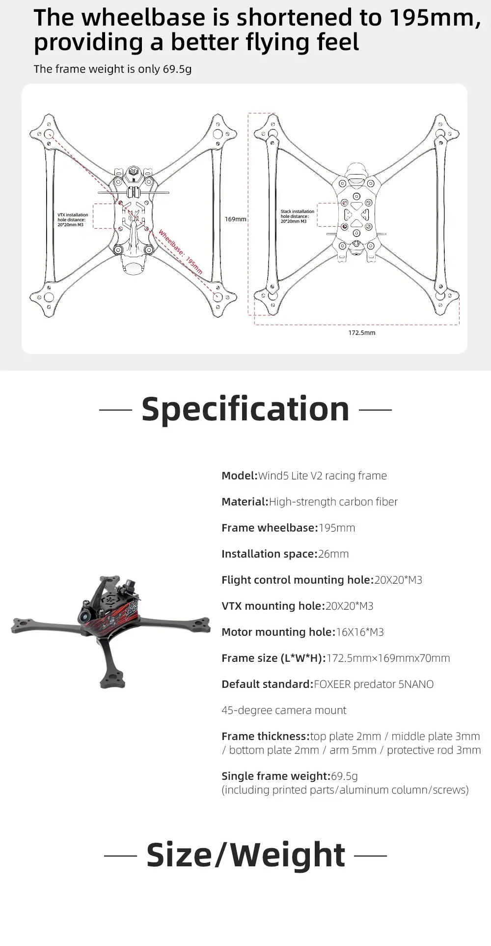 Wind5 Lite V2 frame dimension diagram showing 195mm wheelbase, 20x20 M3 stack/VTX mounts, and 16x16 M3 motor pattern
