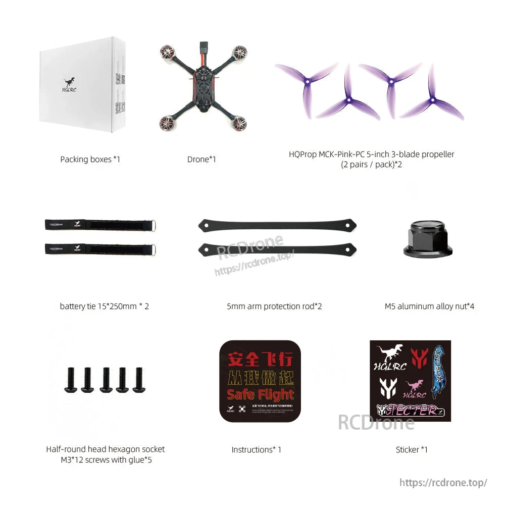 Package contents layout: drone, propeller sets, battery straps, arm protection rods, nuts, screws, manual, stickers