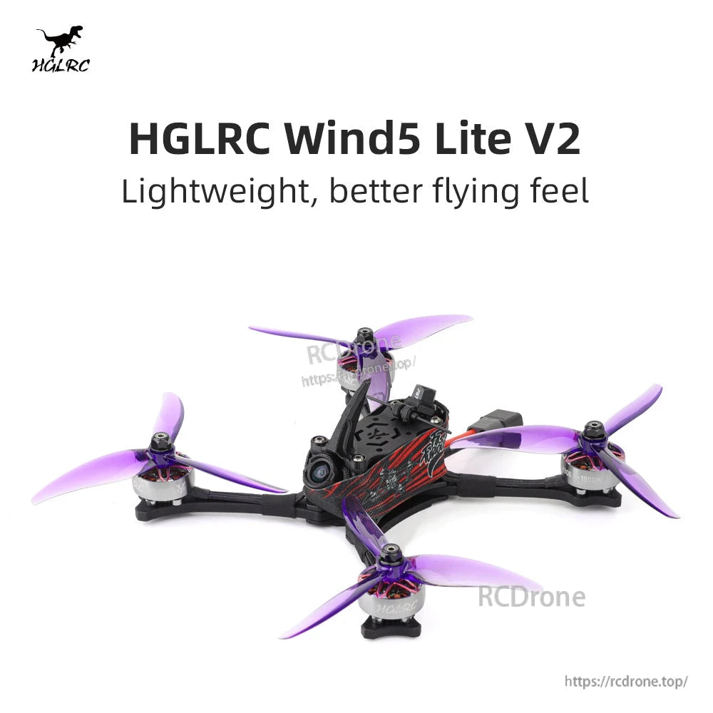 HGLRC Wind5 Lite V2 product banner graphic with drone pictured and text 'Lightweight, better flying feel'