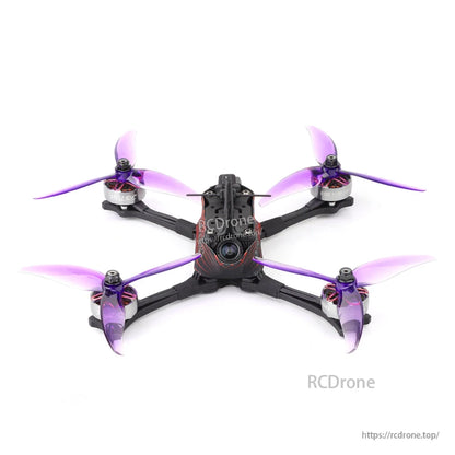 Front view of HGLRC Wind5 Lite V2 FPV racing drone with camera mount and four purple propellers