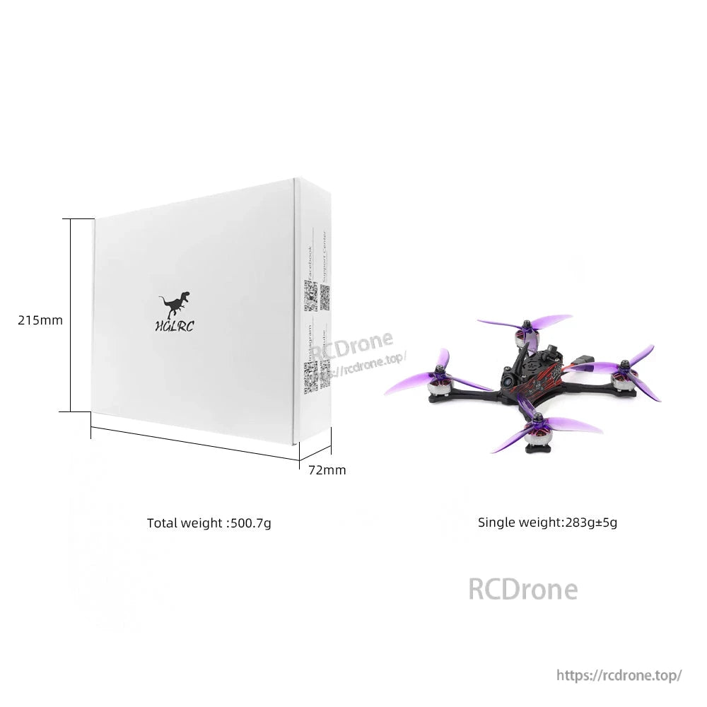 Retail box size and weight graphic with packaged box dimensions and single drone weight shown