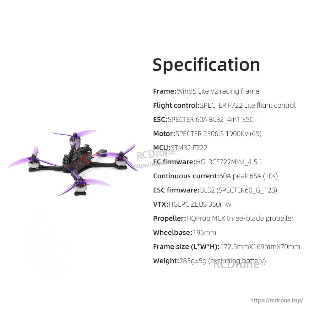 Specification list graphic for Wind5 Lite V2 showing frame, flight controller, ESC, motor KV, wheelbase, weight