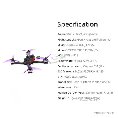 Specification list graphic for Wind5 Lite V2 showing frame, flight controller, ESC, motor KV, wheelbase, weight