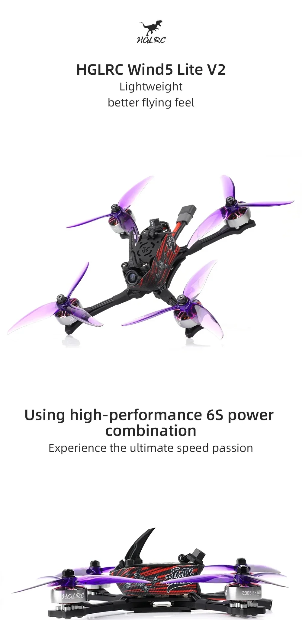 HGLRC Wind5 Lite V2 racing drone with purple tri-blade props on a lightweight 6S freestyle/racing frame