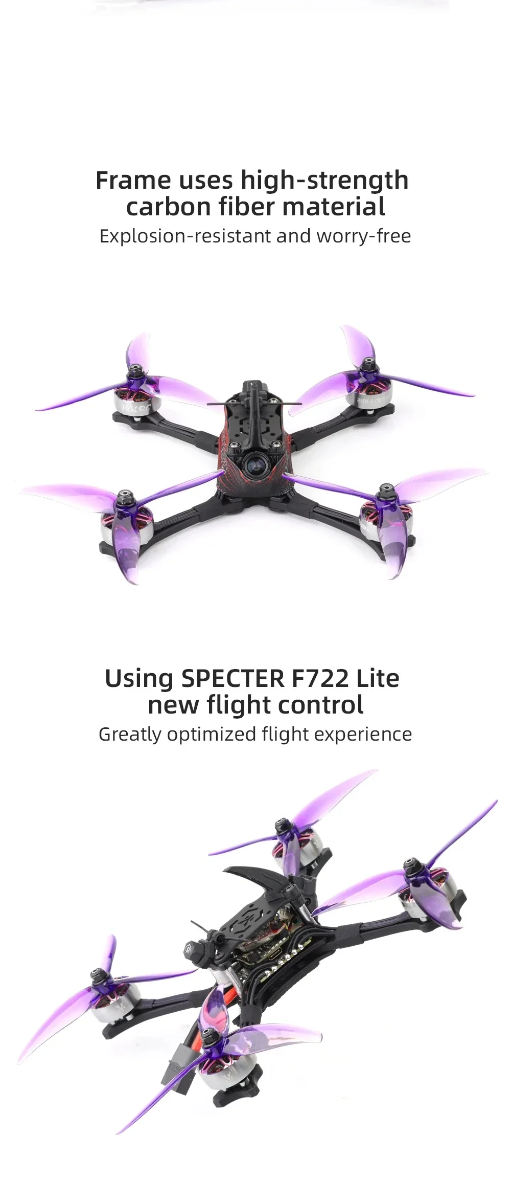 Top view of Wind5 Lite V2 quadcopter highlighting the carbon fiber frame and front FPV camera mount