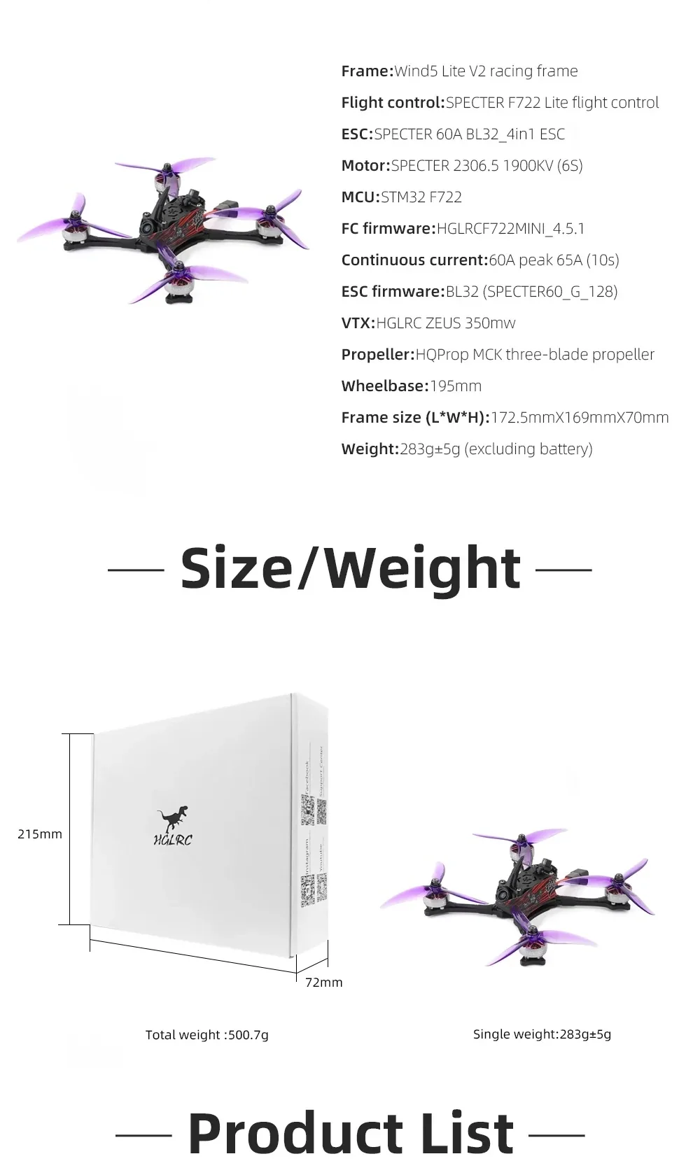 Wind5 Lite V2 specification sheet with key electronics list plus size/weight and retail box dimensions