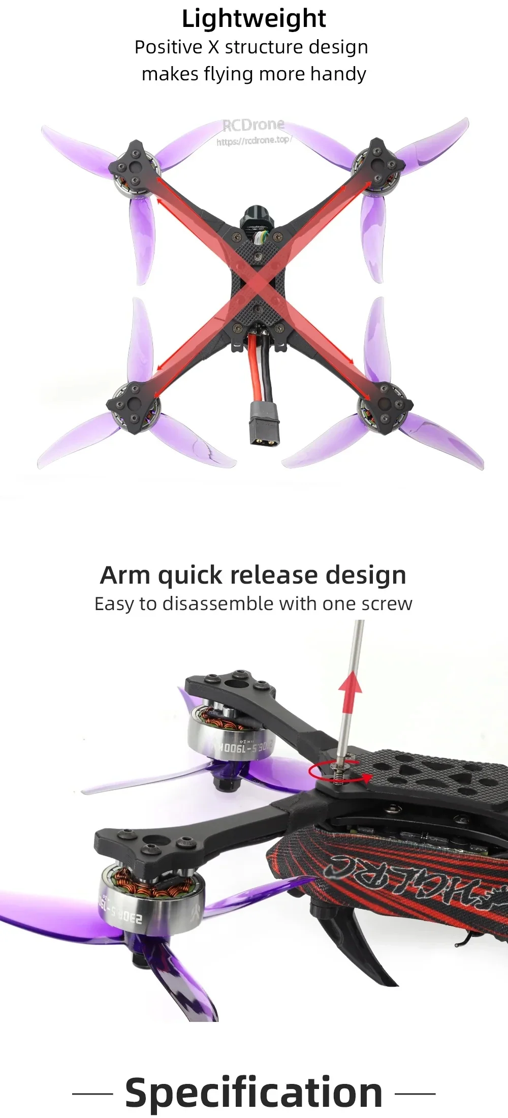 Bottom view of quad in positive X layout plus close-up of arm quick-release screw design for fast arm swaps