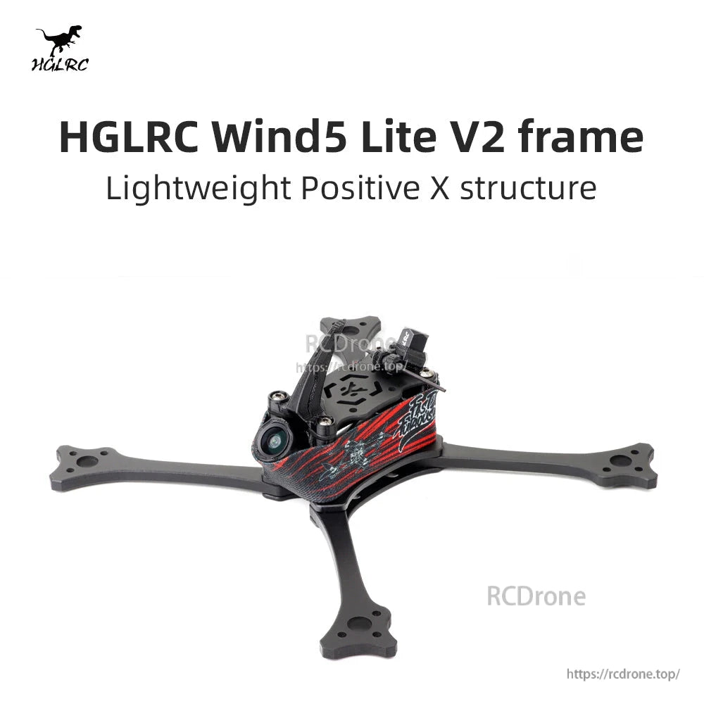 HGLRC Wind5 Lite V2 frame graphic showing lightweight positive X structure text and assembled frame