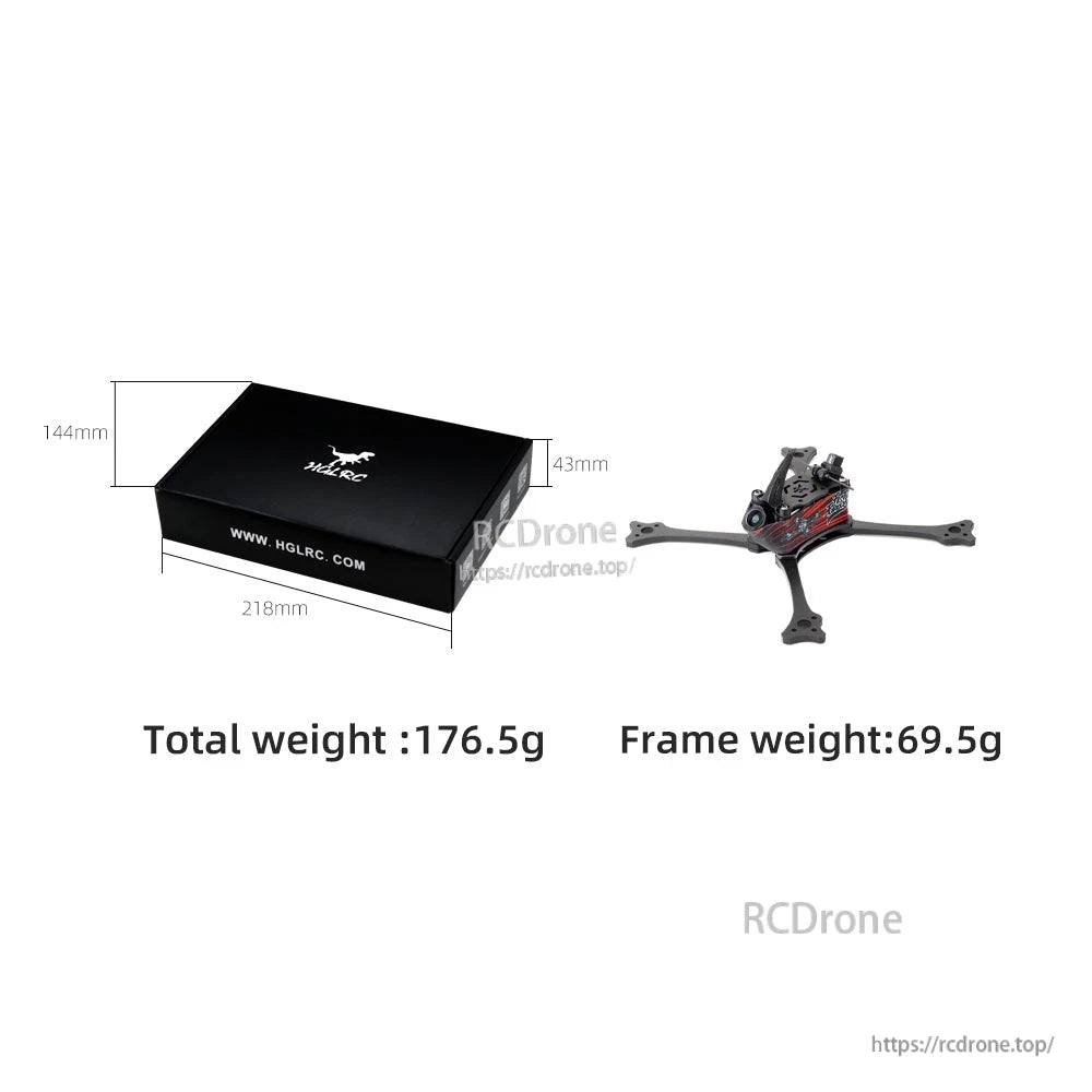 Box size and weight graphic showing HGLRC packaging, total weight 176.5g and frame weight 69.5g
