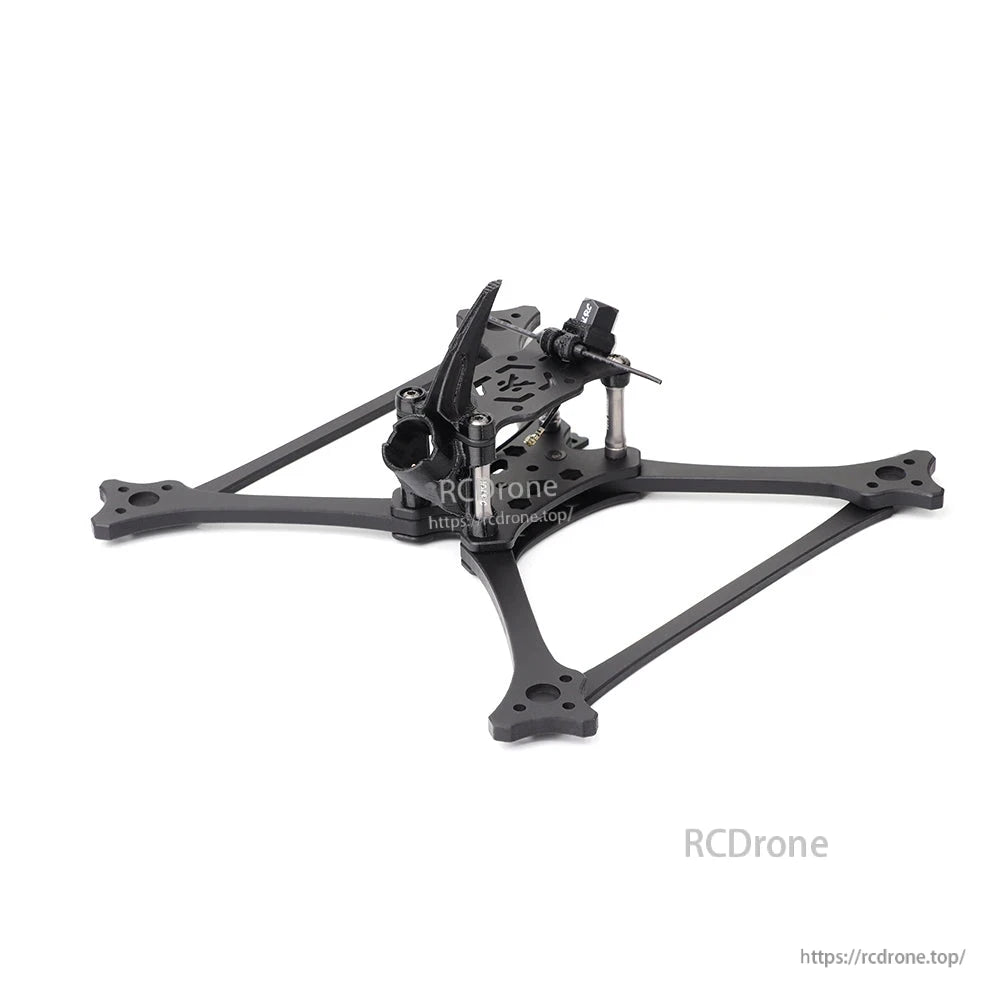 Rear/side angle view of HGLRC Wind5 Lite V2 frame showing camera mount and quick-release arm hardware