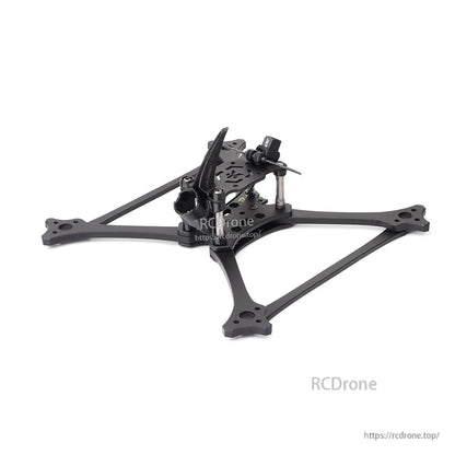 Rear/side angle view of HGLRC Wind5 Lite V2 frame showing camera mount and quick-release arm hardware
