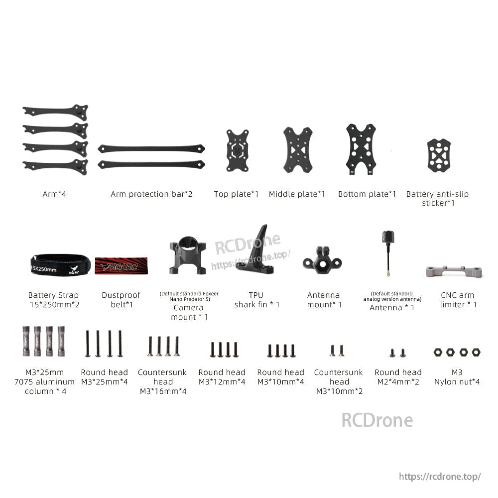 Package contents layout for Wind5 Lite V2 frame kit: arms, plates, battery straps, mounts, screws